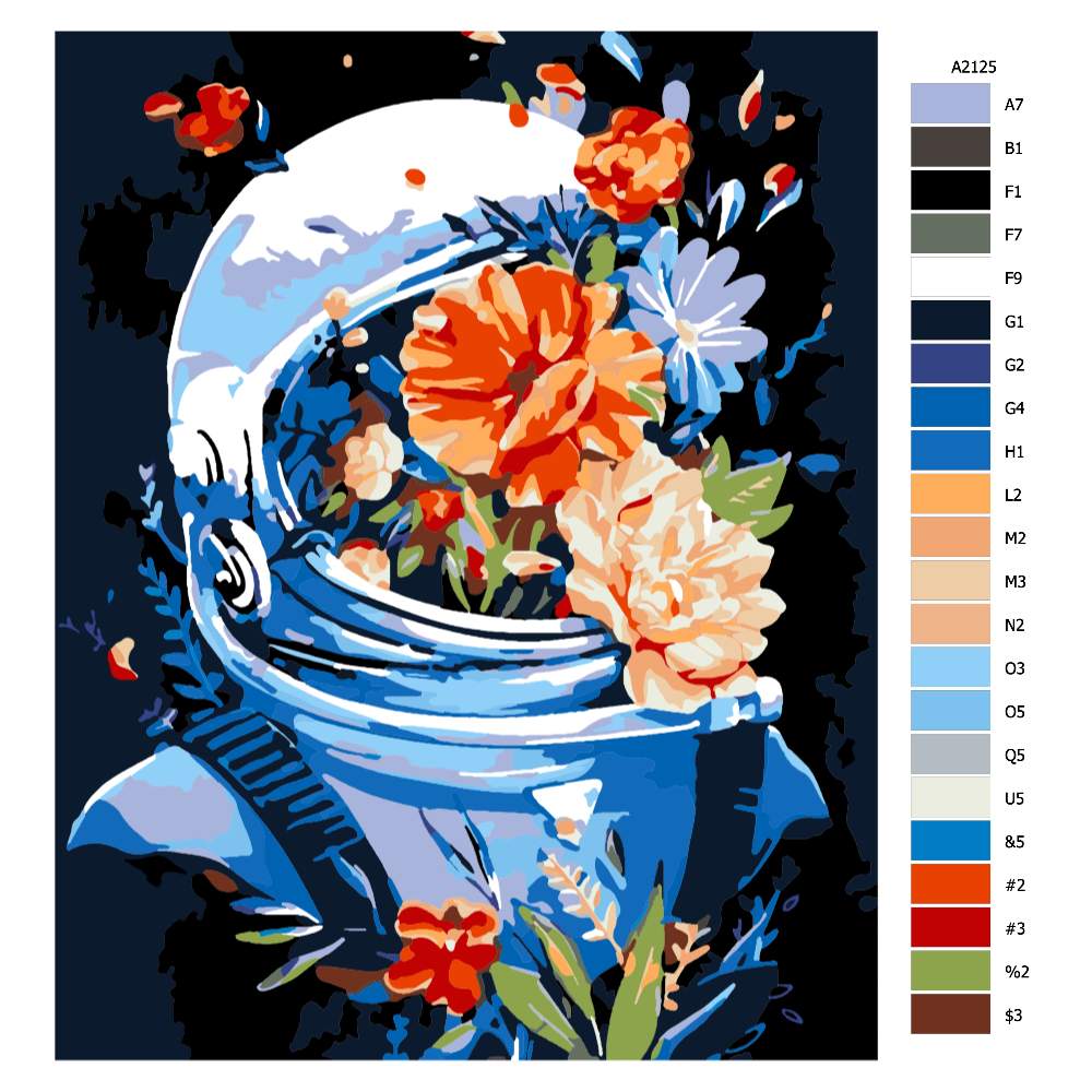Návod pro malování podle čísel Kosmonaut plný květů