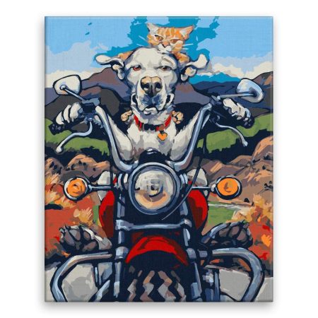 Maľovanie podľa čísel Pes s kočkou na motorce