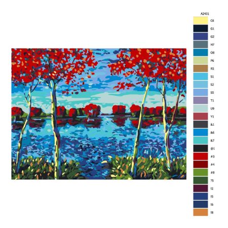 Pokyny na maľovanie podľa čísel Stromy tyčící se nad jezerem