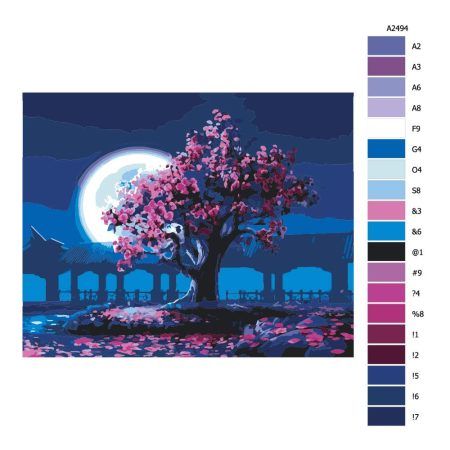 Pokyny na maľovanie podľa čísel Rozkvetený strom v japonské zahradě